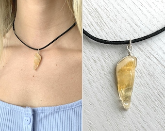Raw Crystal Choker Necklace, Black Cord Necklace for Men or Women Vegan Leather Yellow Gemstone Necklace, Festival Necklace, Boho Necklace