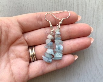 AQUAMARINE CRYSTAL EARRINGS Gold or Silver Blue Stone Earrings, Raw Gemstone Dangle Earrings, March Birthstone Earrings, Something Blue Gift