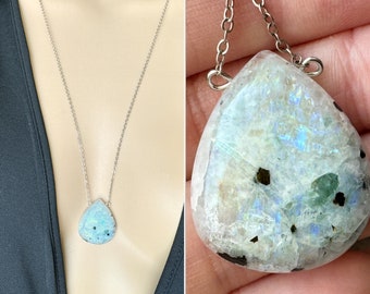 Rainbow Moonstone Necklace Silver, Moonstone Pendant Necklace, June Birthstone Necklace, Moonstone Jewelry, Gemstone Necklace, ACTUAL STONE