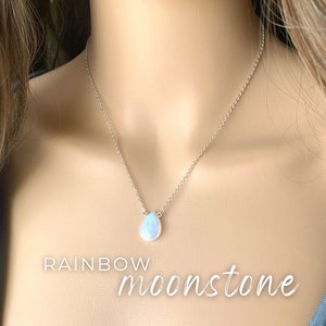 Rainbow Moonstone Necklace, Tiny Crystal Necklace, June Birthstone Gift, Raw Moonstone Pendant Necklace, Dainty Gemstone Necklace for Her