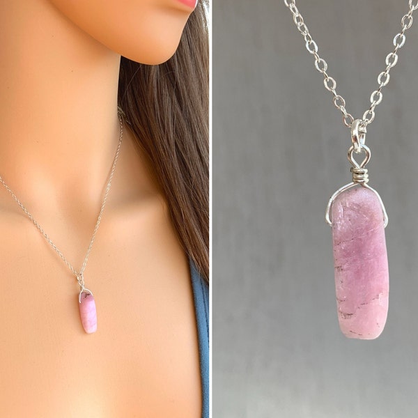 RAW KUNZITE NECKLACE - Sterling Silver Kunzite Pendant Necklace - New Moms Gift - Necklace for Mom - Crystal Gift for Mom - Love Stone Gifts
