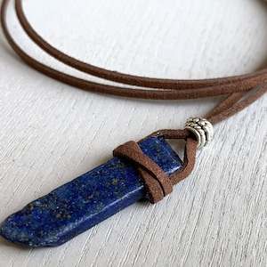 Blue Crystal Necklace for Men or Women, Lapis Lazuli Necklace, Lapis Pendant Necklace, Raw Crystal Black Cord Necklace, Boho Stone Necklace