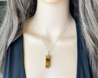 Natural Tiger's Eye Necklace Gold, Handmade Tigers Eye Crystal Jewelry Sterling Silver, Protection Stone Pendant, Boho Necklace Brown Stone