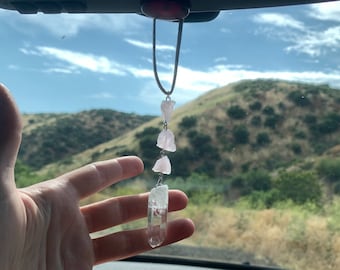 Encanto del coche de cristal real cuarzo claro cuarzo rosa espejo retrovisor encanto, piedras preciosas sun catcher accesorios del coche mujeres accesorios del coche decoración del coche