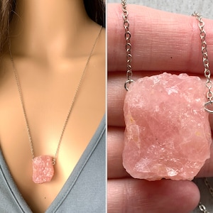 RAW Rose Quartz Necklace Silver Pink Stone Pendant, Big Pink Gemstone Necklace, Love Stone Necklace, Genuine Rose Quartz Crystal EXACT STONE