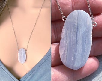 Blaue Spitze Achat Halskette, Echte Blaue Spitze Achat Kristall, Sterling Silber Blau Spitze Achat Anhänger, Angst Stress Entspannung, GENAUE STEIN