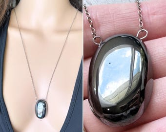 Hematite Necklace, Real Natural Hematite Pendant Necklace, Black Stone Necklace, Empath Protection Necklace, Raw Crystal Jewelry EXACT STONE