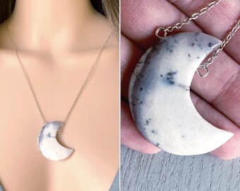 Moon Stone Necklace, Dendrite Opal Necklace Sterling Silver Black and White Stone, White Gemstone Necklace, Healing Crystal, Marble Necklace