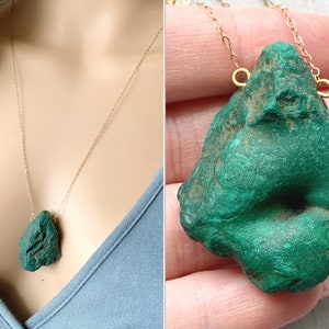 Rough Malachite Necklace Gold or Silver, Raw Malachite Pendant Necklace, Healing Crystal Jewelry, Raw Stone Jewelry Green Stone ACTUAL STONE