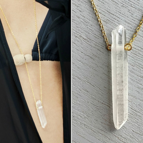 Raw Clear Quartz Pendant Necklace, Christmas Gift for Mom, Clear Quartz Crystal Necklace Silver or Gold Clear Quartz Crystal Point Necklace