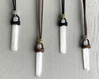RAW SELENITE NECKLACE, White Gemstone Necklace for Men, Black Cord Crystal Necklace, Selenite Crystal Healing Necklace, Boho Stone Necklace