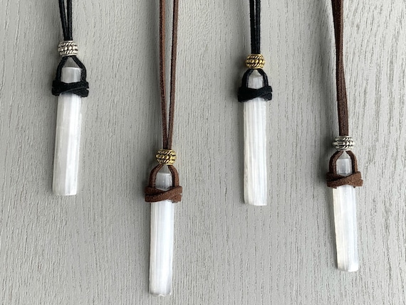 RAW SELENITE NECKLACE, White Gemstone Necklace for Men, Black Cord Crystal Necklace, Selenite Crystal Healing Necklace, Boho Stone Necklace
