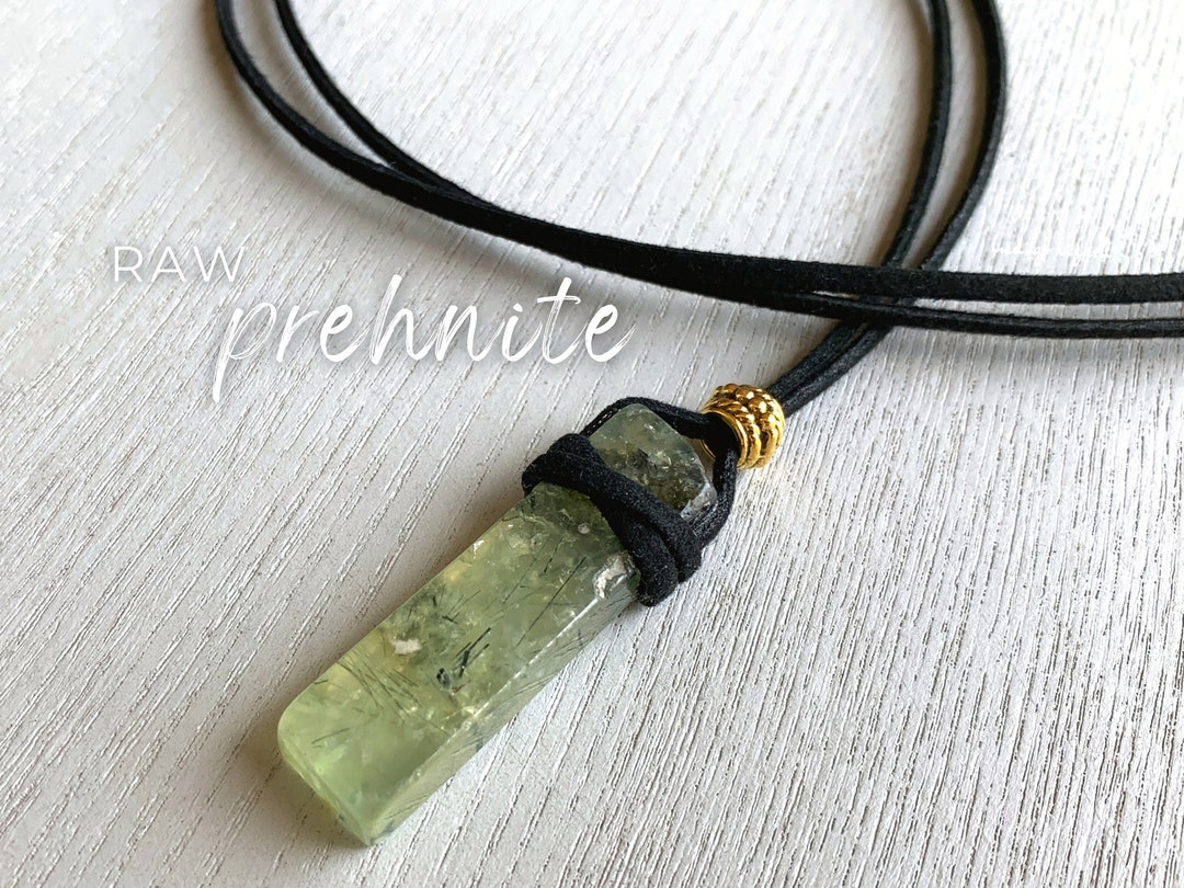 Prehnite Pendant Necklace Adjustable Cord Raw Stone, Black Cord Crystal