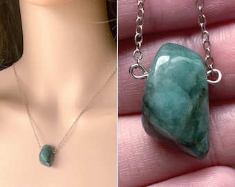 Collar esmeralda natural plata, collar colgante esmeralda real oro, collar de piedra verde, piedra de nacimiento de mayo, joyería esmeralda cruda, PIEDRA REAL