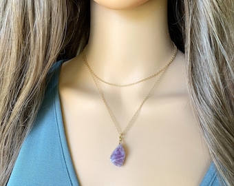 Crystal Layering Necklace Raw Amethyst Necklace, Purple Gemstone Necklace, Boho Crystal Necklace for Women, BFF Gifts, February Birthstone