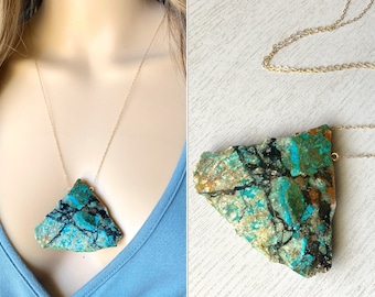 Big Chrysocolla Pendant Necklace, Raw Chrysocolla Necklace, Chrysocolla Jewelry Silver or Gold, Natural Crystal Necklace for Her EXACT STONE