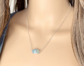 Small Aquamarine Necklace, Blue Gemstone Choker Necklace Silver Gold, March Birthstone Gifts for Women, Birthday Gift for Mom, Sister, Wife