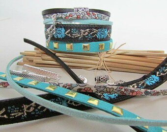 Kit Bracelet manchette noir vert canard, perle breloque fermoir - 128