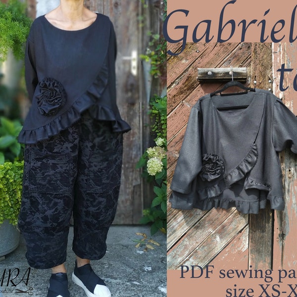 PDF Gabriella top sewing pattern with tutorial on YouTube for 36" in-roll/A4/US letter paper. Oversize style, Lagenlook, Romantic, Mori girl