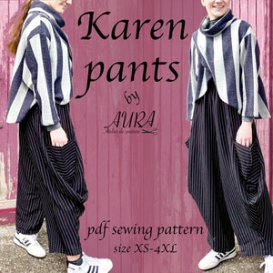 PDF Karen pants with elastic waist patterns size XS-4XL for A0, A4, US letter, 36&quot; roll. Lagenlook, Bohemian, Plus size pants with pockets