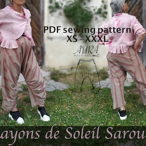 PDF Patrón de costura Rayons de Soleil Sarouel (sin babero) en tamaños XS-3XL para A4, carta estadounidense y papel en rollo de 36". Lagenlook, Boho, pantalones de talla grande.