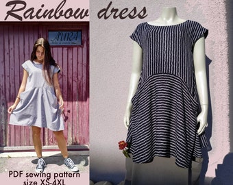 Puede incluir: Un patrón de costura PDF para un vestido arcoíris a rayas. El patrón está disponible en tallas XS-4XL. El vestido se muestra en un maniquí y una persona que lleva el vestido.
