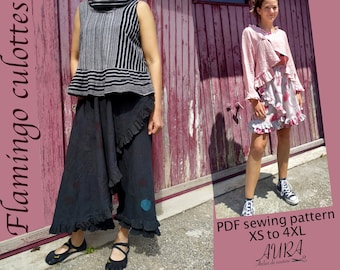 PDF Flamingo Culottes with elasticated waistband patterns sizes XS-4XL for A4/US letter and 36" in roll. Lagenlook, Romantic Plussize pants.