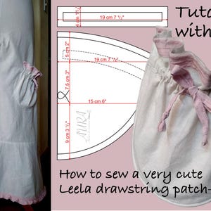 May include: A sewing tutorial for Leela drawstring patch-pockets. The image features white trousers with pink detailing and pockets, alongside a pattern diagram. The text says, "How to sew a very cute Leela drawstring patch-pocket."