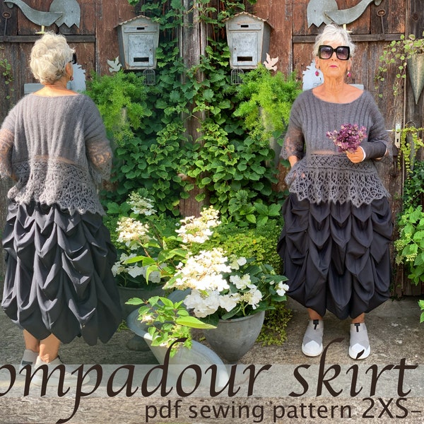 PDF Pompadour skirt sewing pattern with YouTube tutorial. Size 2XS-5XL for A0 paper/A4 paper/US letter. Lagenlook Plus-size Classic Elegant