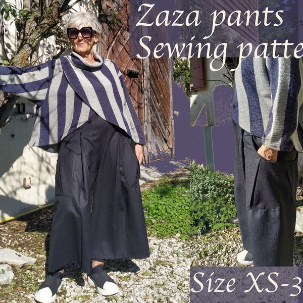 PDF sewing pattern Zaza pants with video tutorial for A4, US-letter size XS-3XL Lagenlook, Classic trousers, Plus size pants, Mori girl.