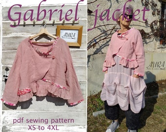 Puede incluir: Una chaqueta de lino rosa con un dobladillo con volantes y un cierre de botón único. La chaqueta se superpone a un vestido rosa con un dobladillo con volantes y varias capas. La imagen incluye el texto "Gabriel jacket" y "pdf sewing pattern XS to 4XL".