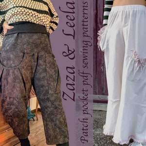Puede incluir: Dos pares de pantalones con bolsillos de parche únicos. Los pantalones de la izquierda son de color gris oscuro con un estampado floral y los pantalones de la derecha son blancos con un detalle de volantes rosa. El texto "Zaza & Leela Patch pocket pdf sewing patterns" está en el lado derecho de la imagen.