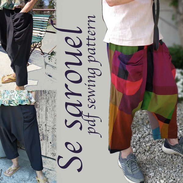 PDF Se sarouel with elasticated waist patterns sizes XS-4XL for paper size A4, US letter, and 36" in roll. Lagenlook, Boho, Plus size pants
