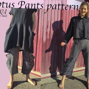 Cartamodello PDF per pantaloni Lotus, per A0, A4, US-letter, carta in rotolo da 36". Taglie XS-4XL. Stile Lagenlook, Boho. Pantaloni a gamba larga, taglie forti, stile Mori girl.