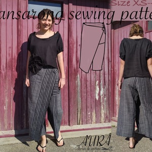 PDF Patrons de pantalon Pansarong avec taille élastiquée XS-4XL pour A4/US letter, 36&quot; en rouleau. Oriental Lagenlook Boho Plus-size pants.