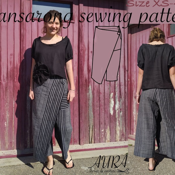 PDF Patrons de pantalon Pansarong avec taille élastiquée XS-4XL pour A4/US letter, 36" en rouleau. Oriental Lagenlook Boho Plus-size pants.