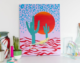 Desert Lizard emulsion & acrylic painting on canvas - Abstract, Modern, Bright - Original art