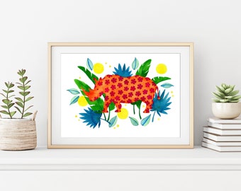 Floral Rhino Watercolor Art Print – Colorful Safari Animal