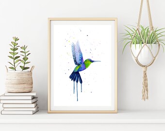 Hummingbird Watercolor Print – Colourful Painting, Bird Wall Art