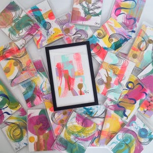 Mini abstract original paintings in bright colours, measuring 7.5x10.5cm
