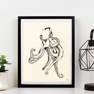 OCTOPUS PRINT - Detailed Pen & Ink Drawing of an Octopus - Home decor wall art, Pen and Ink drawing, Line drawing, Animal, Octopus poster