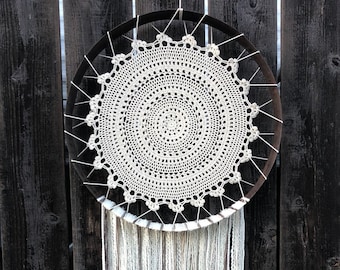 Atrapasueños de barril de vino, Atrapasueños, Decoración de barril de vino, Encaje, Blanco, Crema, Natural, Colgante de pared, Decoración de pared, Boho, Tapete, Decoración de boda, Rústico