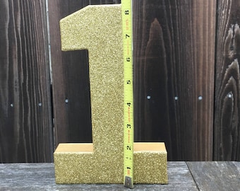 Number 1 Photo Prop, First Birthday, Gold, Glittered, Cake Smash, 1st, Number One, Paper Mache, Table Centerpiece, 8 inches