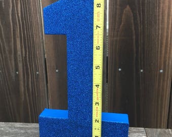 Accesorio para fotos número 1, primer cumpleaños, azul, brillantina n.° 1, azul, pastel smash, centro de mesa, número uno, 8 pulgadas