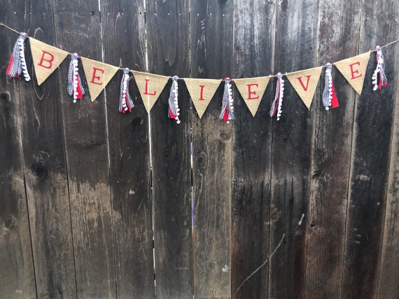 Believe Banner,Believe,Christmas Banner,Burlap Christmas,Holiday Banner,Burlap Banner,Christmas Decor,Holiday Decor,Santa,Red,Black