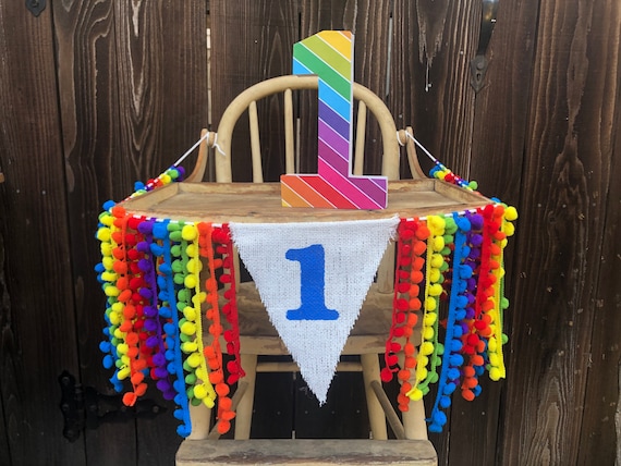 High Chair Banner,Rainbow Birthday,Bright Rainbow,Rainbow Confetti Birthday,Pom Pom,Puff Ball,First Birthday,1st Birthday,Baby Shower