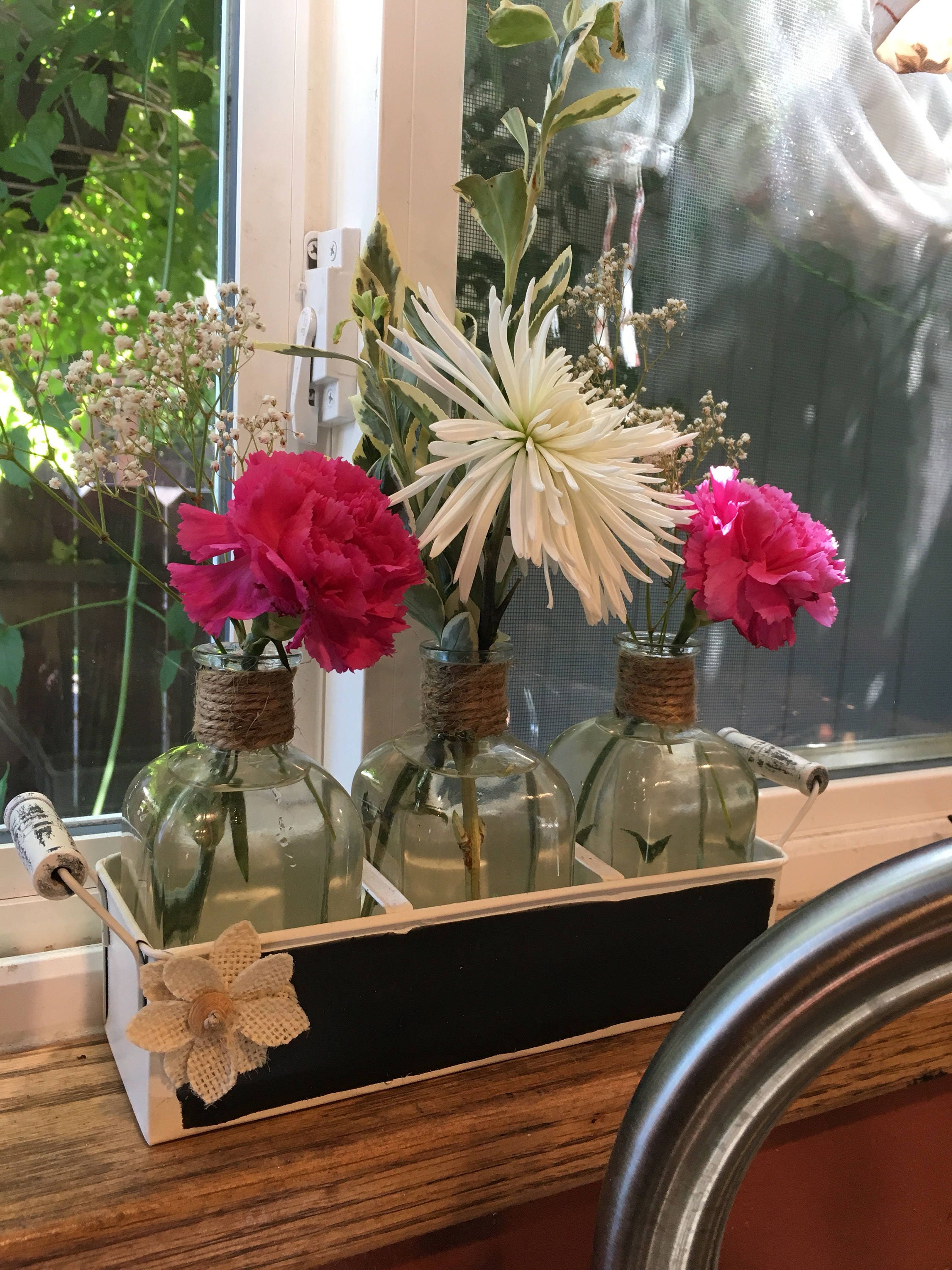 Vase, Farmhouse, Farmhouse Vase, 3 Piece Glass Vase Set in Metal