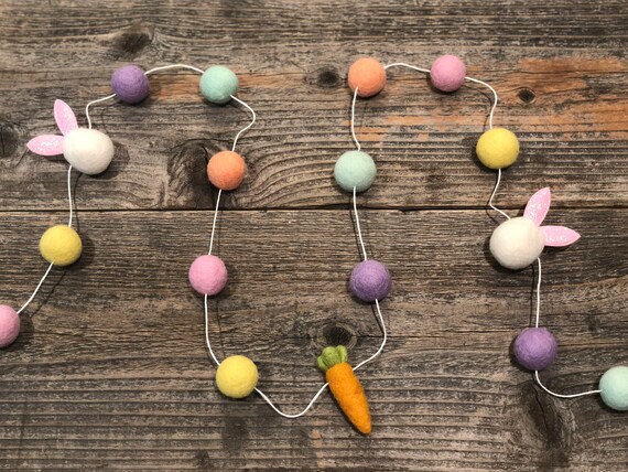 Easter Felt Garland,Felt Garland,Pom Balls,Felt Ball Garland,Easter Garland,Easter Decor,Pastel Garland,Bunny,Carrot,Rabbit,Spring,Wool