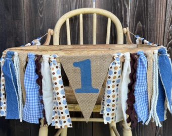 High Chair Banner, First Birthday,1st Birthday, Jean and Burlap Banner, Brown and Blue, Rustic Banner, Baby Shower, 1st Birthday, High chair