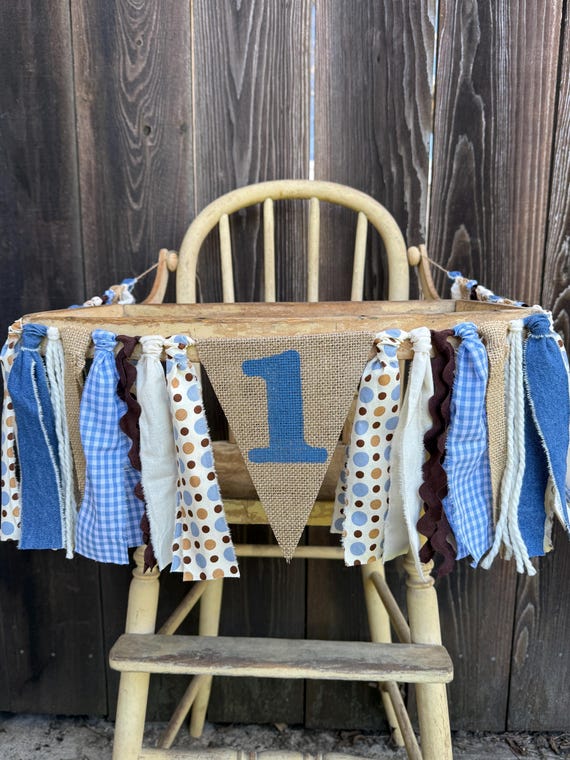High Chair Banner, First Birthday,1st Birthday, Jean and Burlap Banner, Brown and Blue, Rustic Banner, Baby Shower, 1st Birthday, High chair